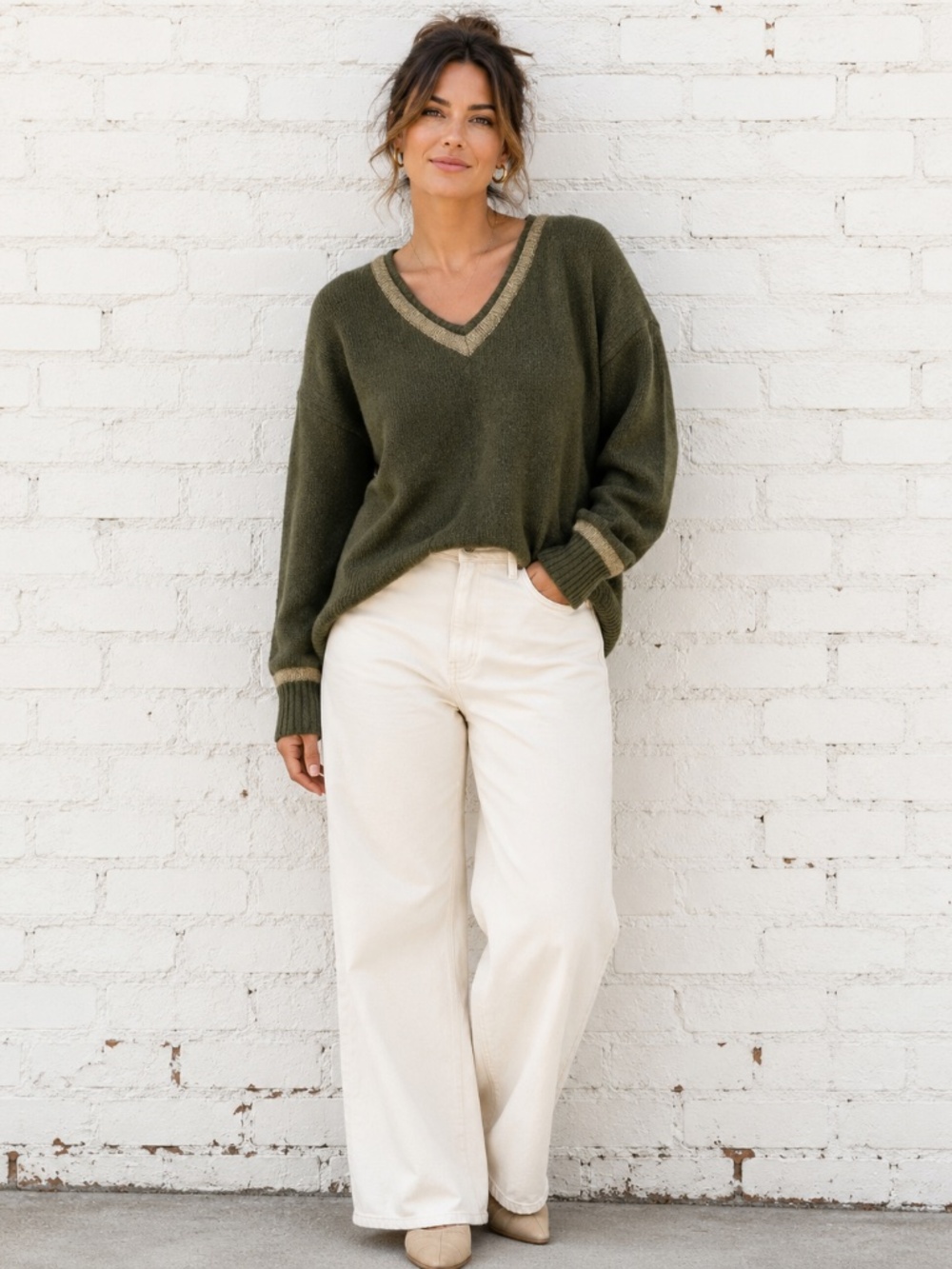 ZARA Olive Green Open Back V-Neck Knit Sweater Oversized Pullover Size S